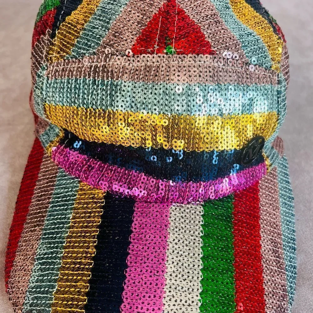 Maison Michel Paris Stripe Rainbow Colorful Nell Sequin Hat Baseball Cap M
